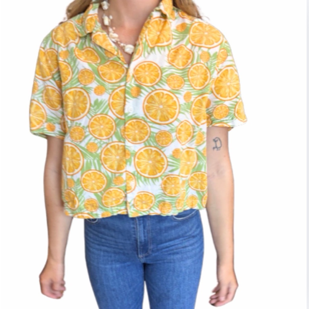 ASOS Orange Citrus Button Up Shirt Medium Linen Blend Summer Tropical Top - Picture 2 of 8